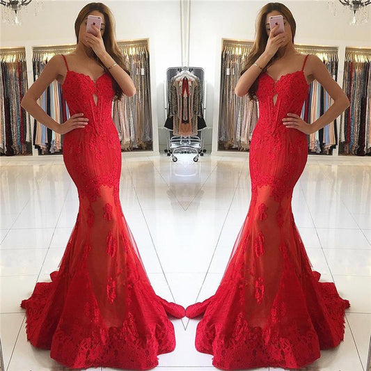 2020 formal spaghetti straps mermaid red long evening dresses, PD8583