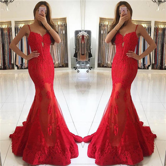 formal spaghetti straps mermaid red long evening dresses, PD8583