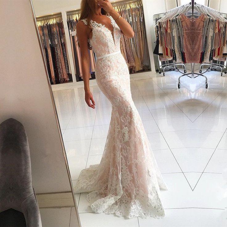 charming white lace v-neck mermaid formal long prom dress, PD7088