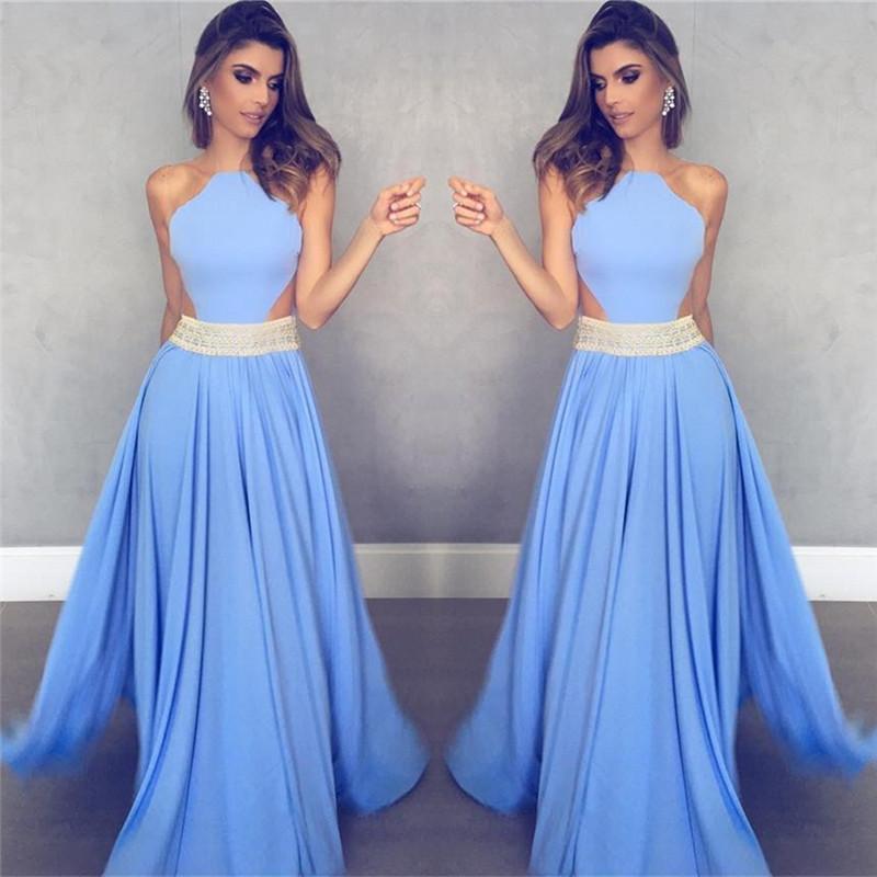 charming  sleeveless blue A-line satin long prom dress, PD7086