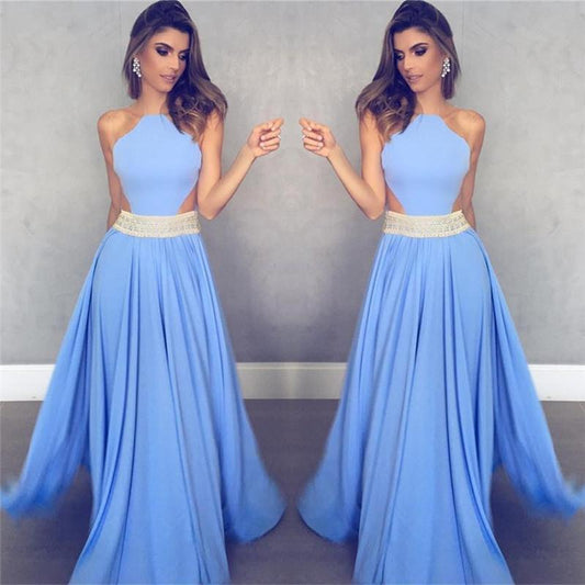 charming  sleeveless blue A-line satin long prom dress, PD7086