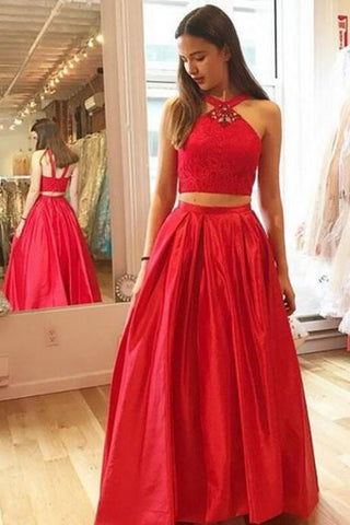 two pieces red A-line satin long prom dress, PD7085