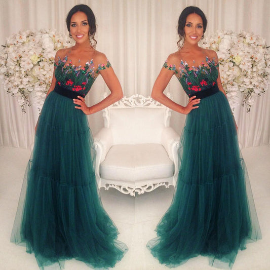 2020 formal charming short sleeves tulle teal long prom dresses, PD5895