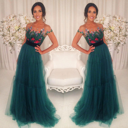 formal charming short sleeves tulle teal long prom dresses, PD5895