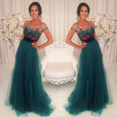 2020 formal charming short sleeves tulle teal long prom dresses, PD5895