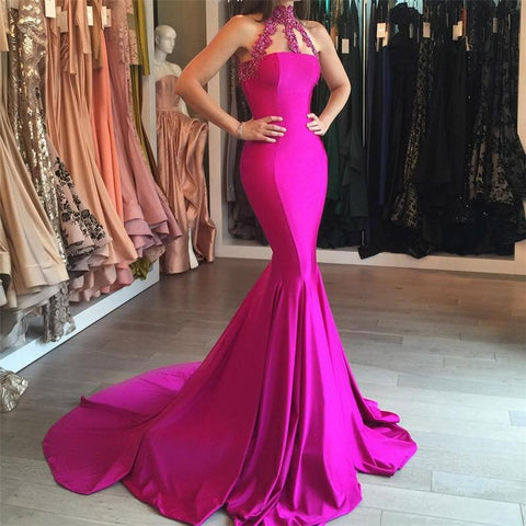 charming hot pink mermaid high neck formal long prom dress, BD5224