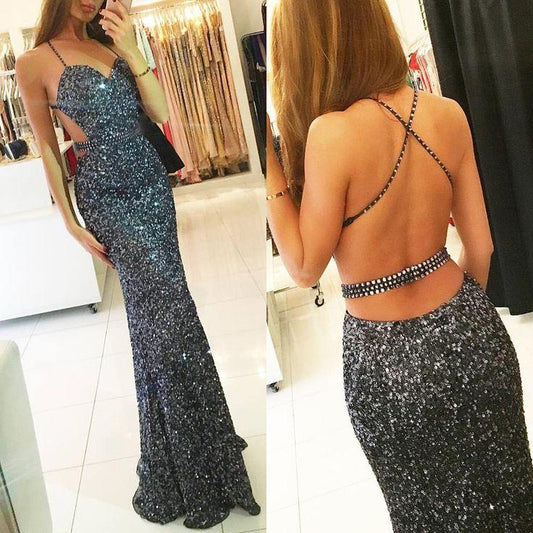 formal sexy dark grey sequin sparkle backless long prom dress, PD8585