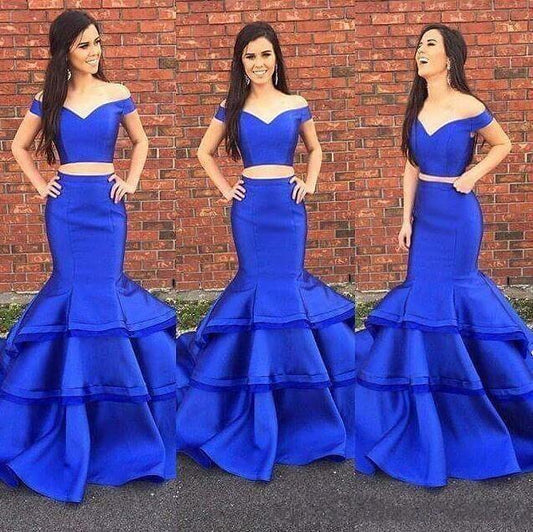 off shoulder two pieces satin mermaid long prom dress, BD5223