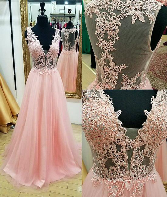chiffon v-neck pink lace appliques long prom dress, PD7308