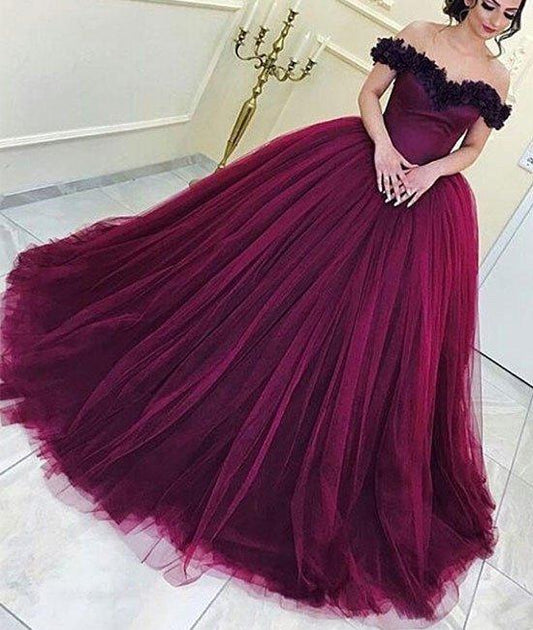 formal burgundy A-line off shoulder long prom dresses, PD8587
