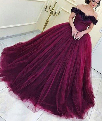 2020 formal burgundy A-line off shoulder long prom dresses, PD8587