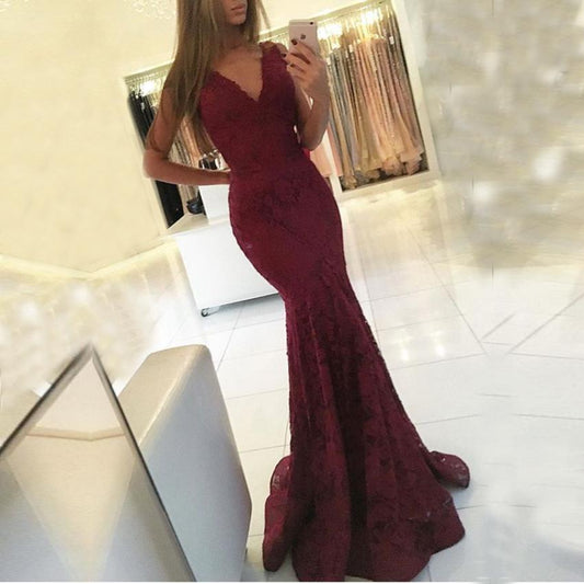 elegant formal burgundy lace v-neck mermaid long prom dresses, PD8586