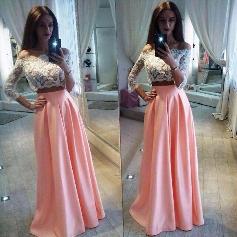 formal off shoulder two pieces lace top long prom dress, PD5897
