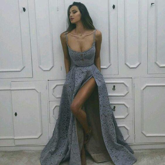 two straps A-line grey lace side slit long prom dress, PD11145