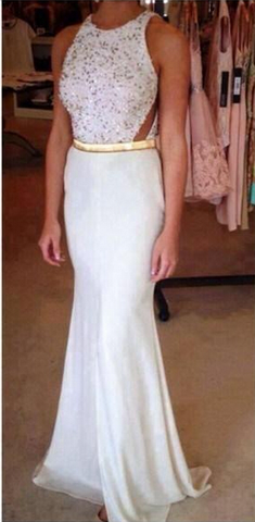 elegant round neck white mermaid formal long prom dress, PD56568
