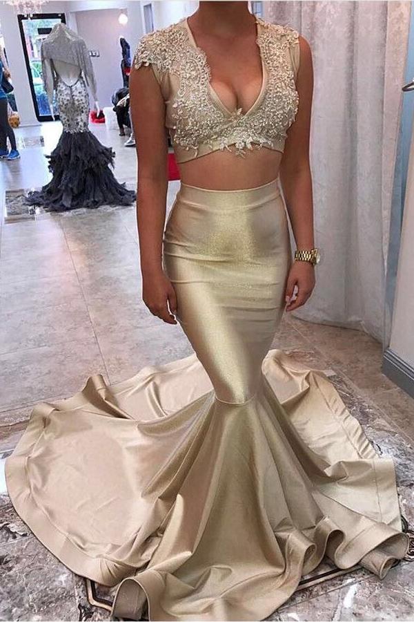 formal two pieces v-neck mermaid long prom dress, PD65477