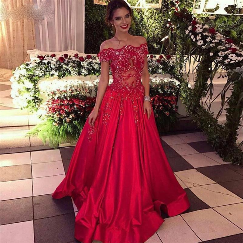 charming off shoulder A-line red long lace prom dress, PD1481