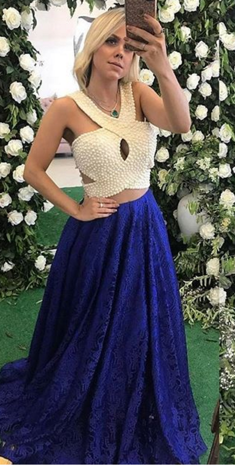 two pieces ivory beaded top with royal blue lace skirt long prom dress, PD5690