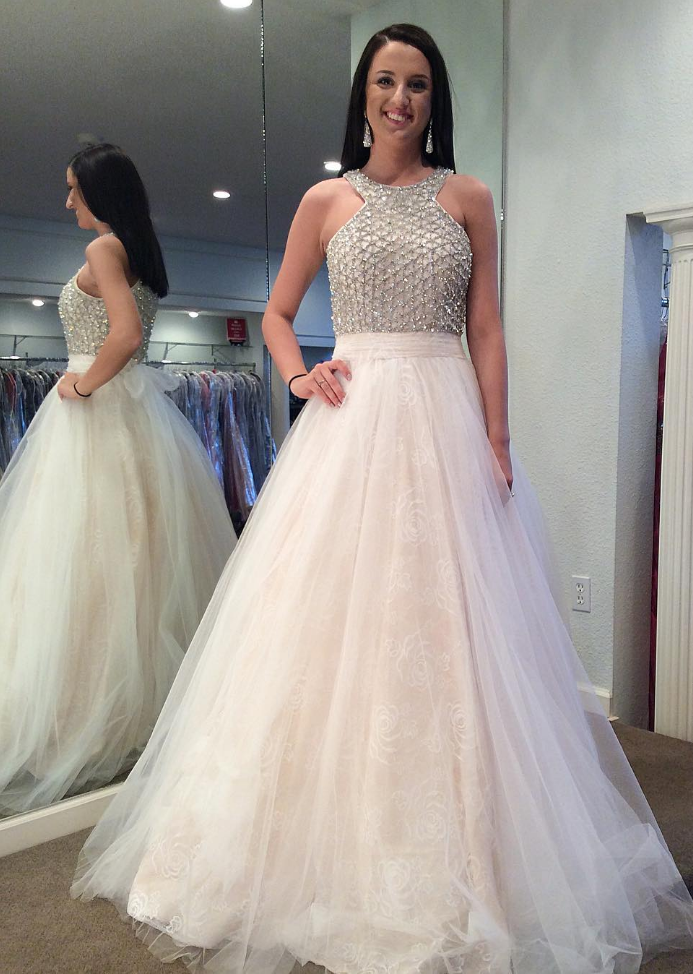 Modern Formal Two Piece White Tulle Beaded Top Long Prom Dress | JLDressCA