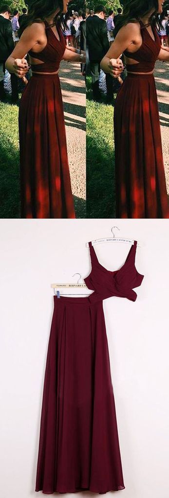 two pieces burgundy chiffon simple long prom dress, PD0203