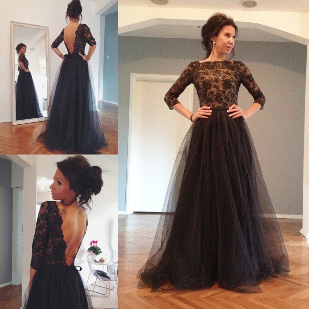 black prom dress, long prom dress, long sleeves prom dress, lace prom dress, open back evening dress, BD520