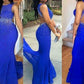 royal blue open back long mermaid prom dress, evening dress, PD45749