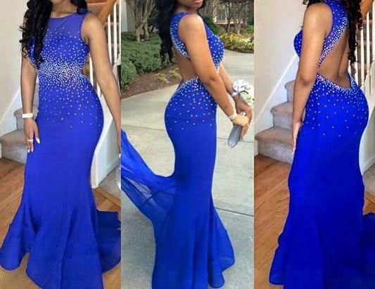 royal blue open back long mermaid prom dress, evening dress, PD45749