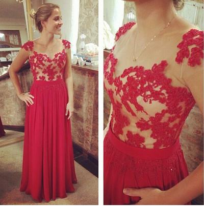 red prom dress, long prom dress, cap sleeves prom dress, lace prom dress, evening dress, BD518