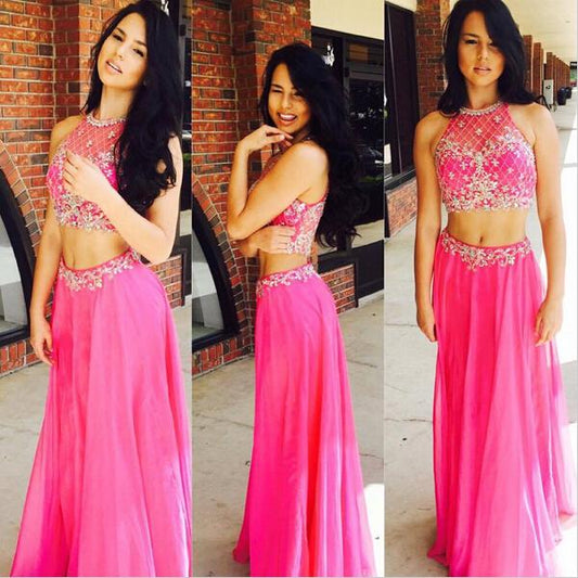 two pieces chiffon hot pink long beaded prom dresses, PD6785