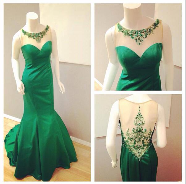 beaded see through back green mermaid formal long prom dresses, PD6786