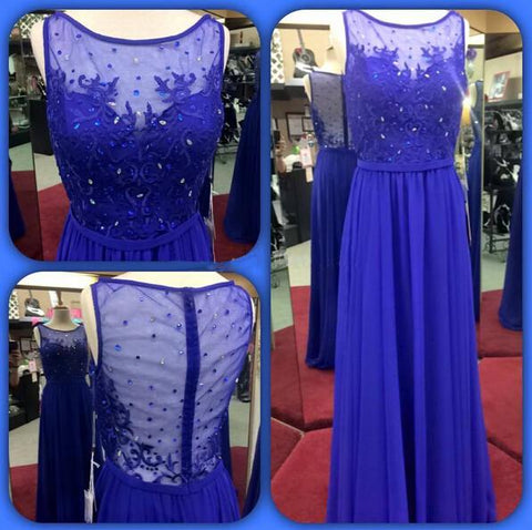 elegant round neck royal blue chiffon formal long prom dress, PD6787