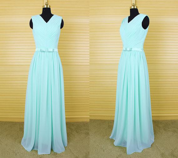 mint green v-neck long bridesmaid dresses, chiffon bridesmaid dress, BD46576