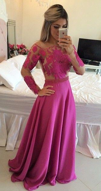 formal elegant long sleeves hot pink off shoulder lace long prom dress, PD6788
