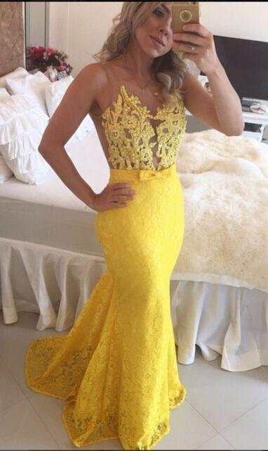 mermaid formal charming yellow lace long prom dresses, PD6791