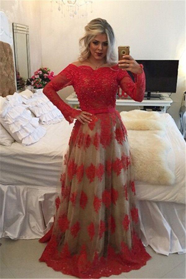 modest formal A-line long sleeves red lace long prom dress, PD6792