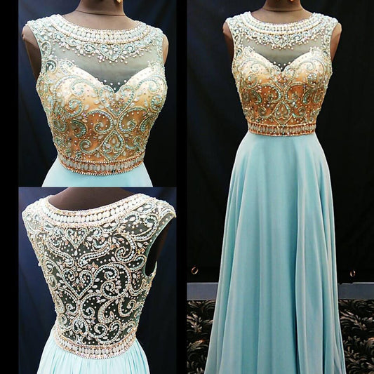 blue prom dress, long prom dress, beaded prom dresses, o neck prom dress, evening gown, BD0011