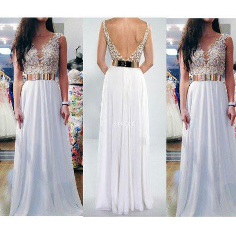 white prom dress, long prom dress, chiffon prom dress, backless prom dress, charming evening dress, BD0004