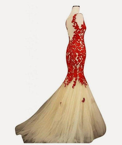 mermaid prom dress, long prom dress, tulle prom dress, lace applique prom dress, formal evening dress, BD0017