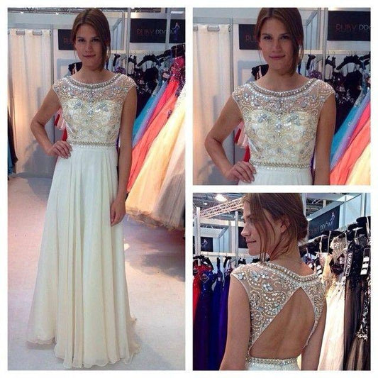 ivory prom dress, long prom dress, chiffon prom dress, beaded prom dress, charming evening dress, BD0018
