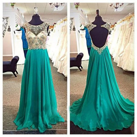 green prom dress, long prom dress, open back prom dress, beaded prom dress, charming evening dress, BD523