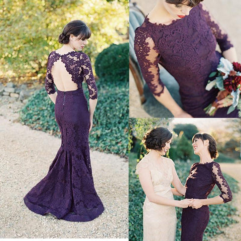 Lace mermaid purple long prom dress for party, open back evening dress, PD45748