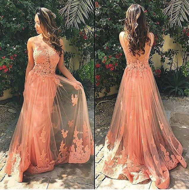 lace prom dress, long prom dress, beauty prom dress, coral prom dress, charming evening gown, BD110