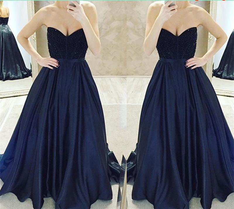 Navy prom dress, long prom dress, A-line prom dress, strapless prom dress, charming evening gown, BD24