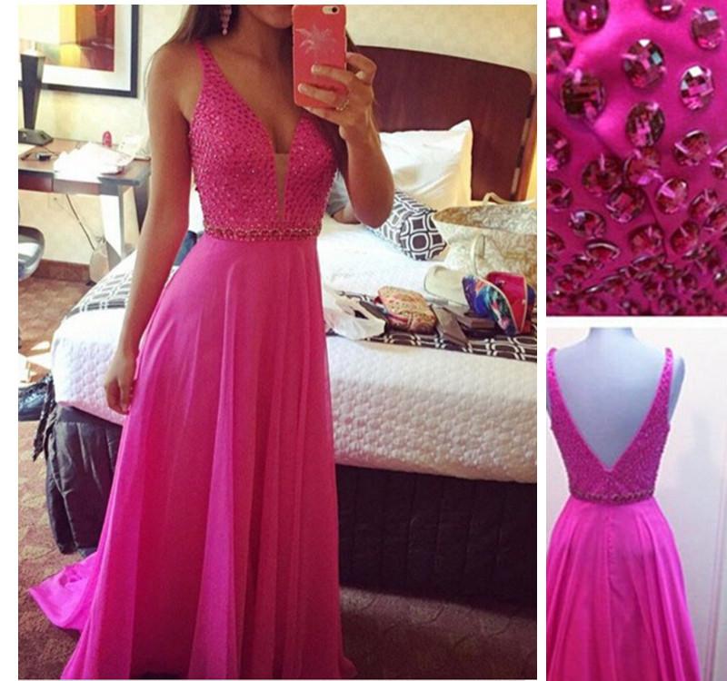 hot pink prom dress, long prom dress, chiffon prom dress, spaghetti straps prom dress, charming beaded evening gown, BD25
