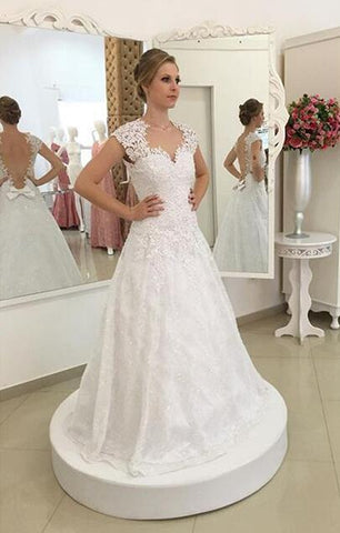 simple and elegant white lace long wedding dress, WD234