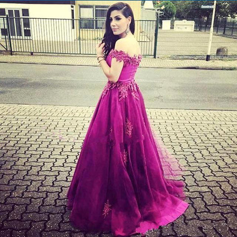 hot pink prom dress, long prom dress, off shoulder prom dress, A-line prom dress, charming evening gown, BD23