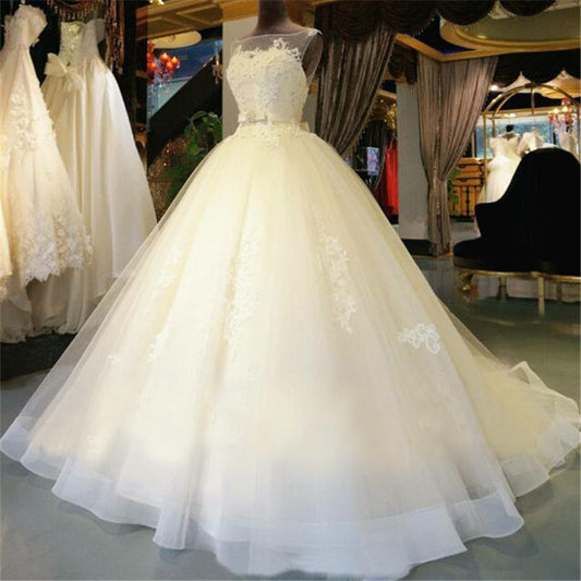 modest ivory A-line formal long wedding dress with train, WD237