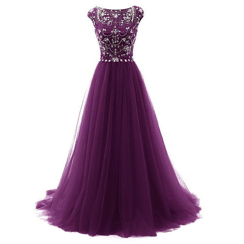 purple prom dress, long prom dress, tulle prom dress, charming prom dress, beaded evening dress, BD63