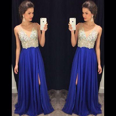beaded prom dress, long prom dress, royal blue prom dress, chiffon prom dresses, side slit evening dress, BD515