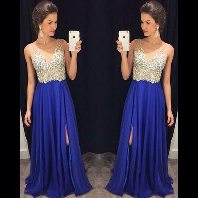 beaded prom dress, long prom dress, royal blue prom dress, chiffon prom dresses, side slit evening dress, BD515